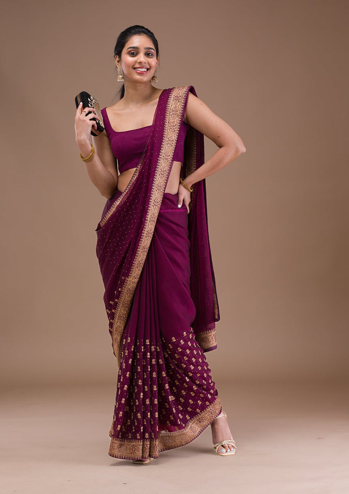 Wine Zariwork Semi Crepe Saree-Koskii