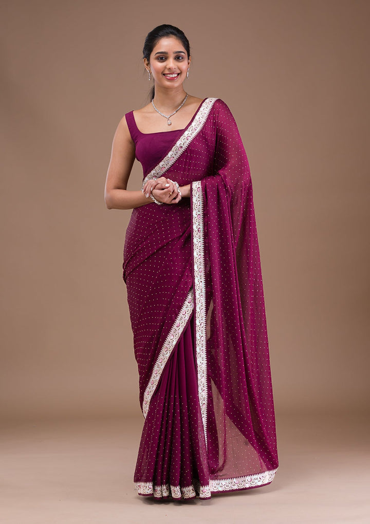 Wine Zariwork Semi Crepe Saree-Koskii