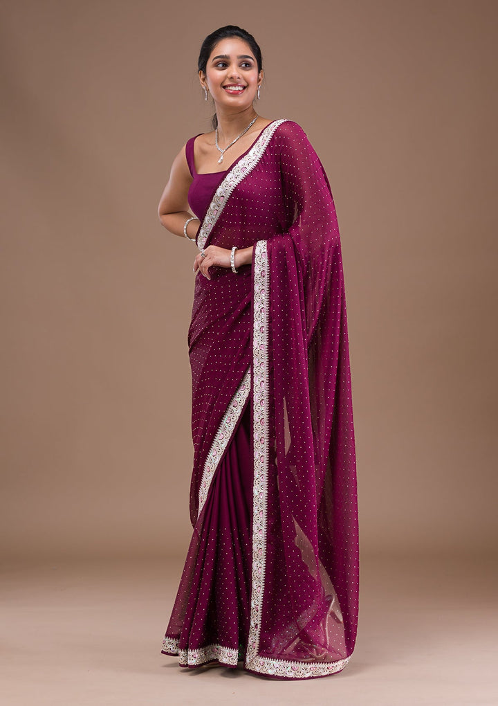 Wine Zariwork Semi Crepe Saree-Koskii