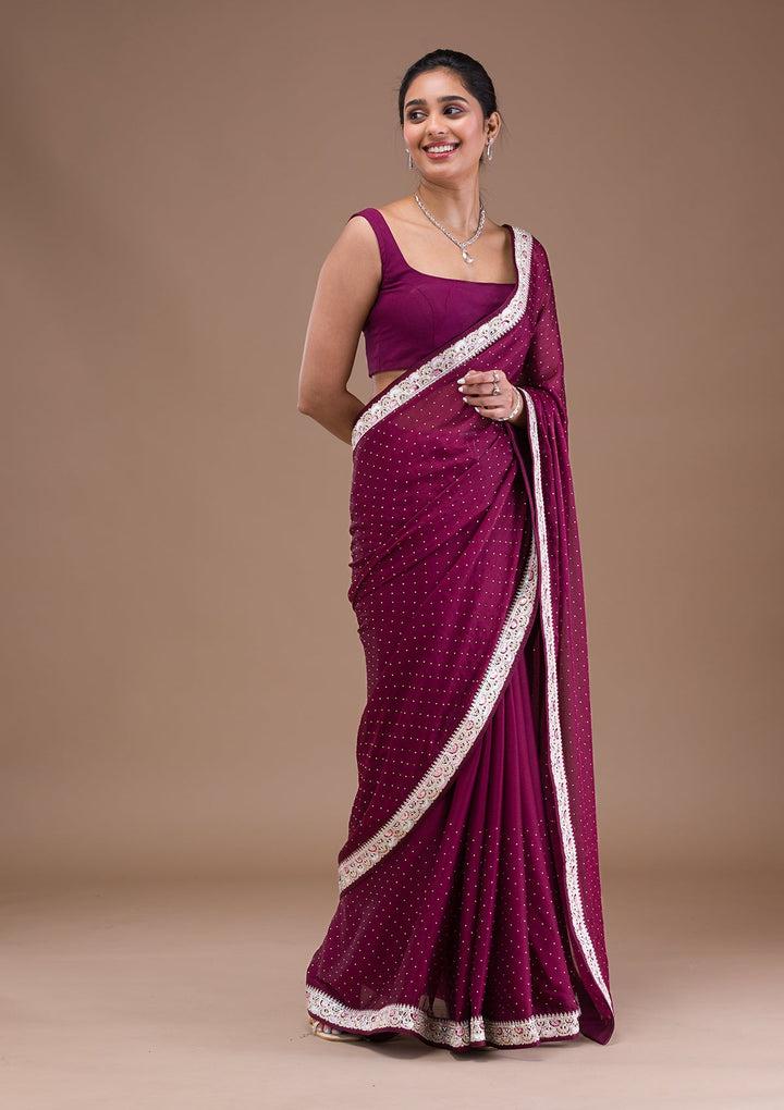 Wine Zariwork Semi Crepe Saree-Koskii