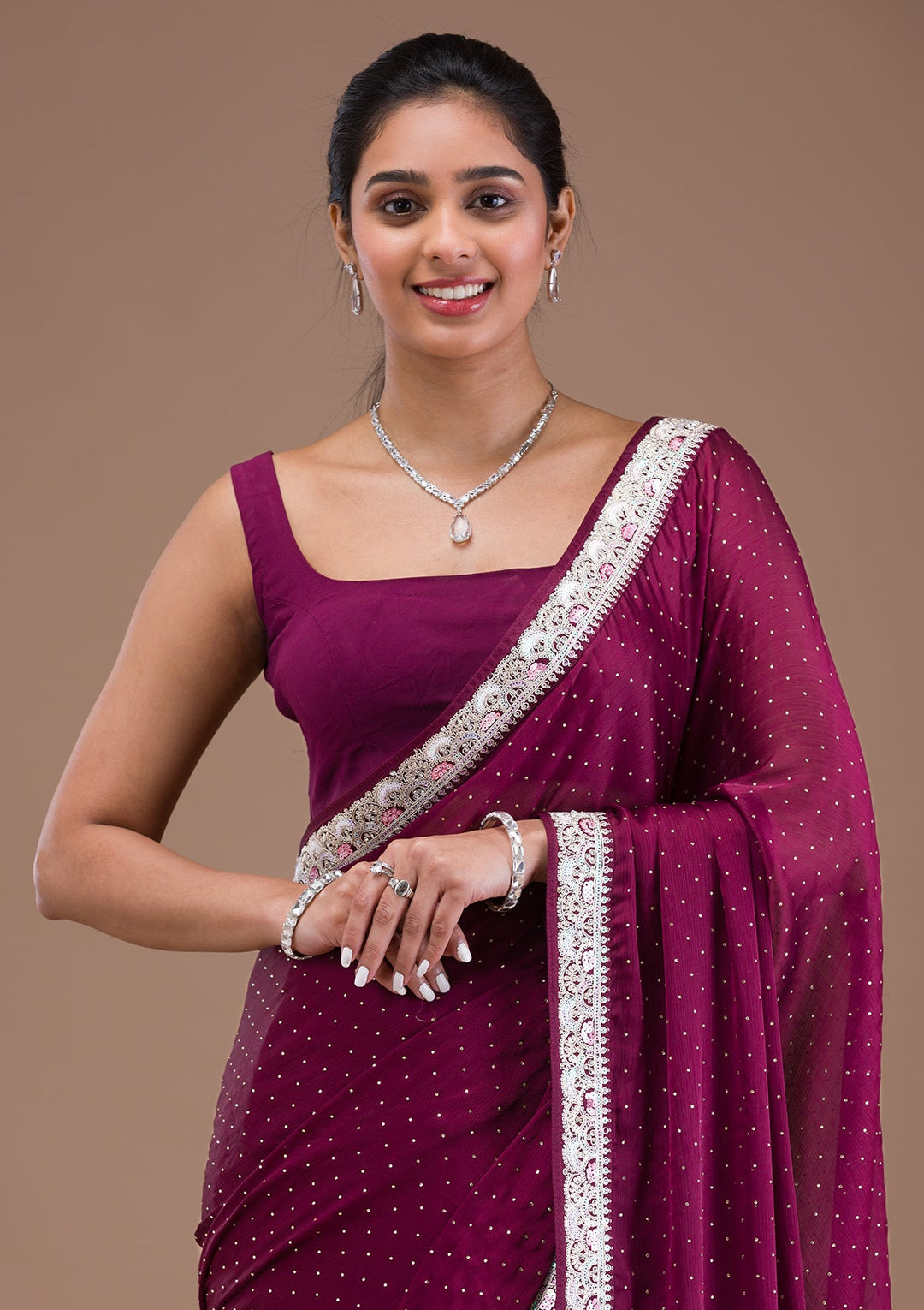 Wine Zariwork Semi Crepe Saree-Koskii