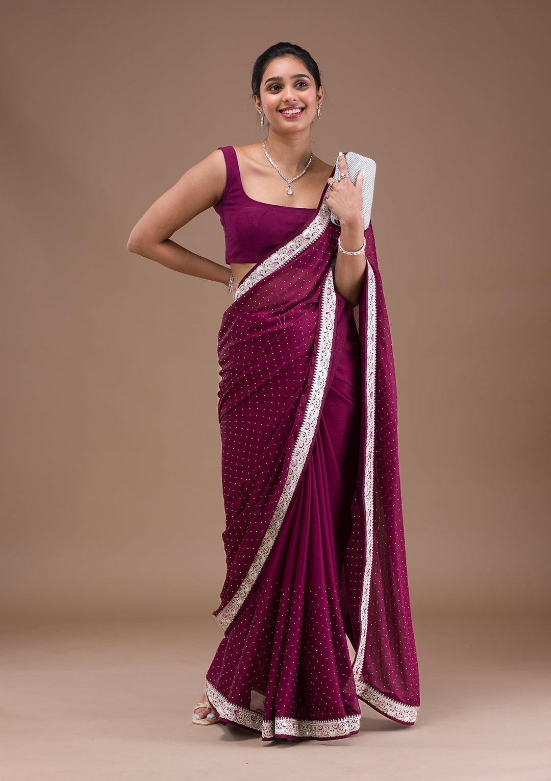 Wine Zariwork Semi Crepe Saree-Koskii