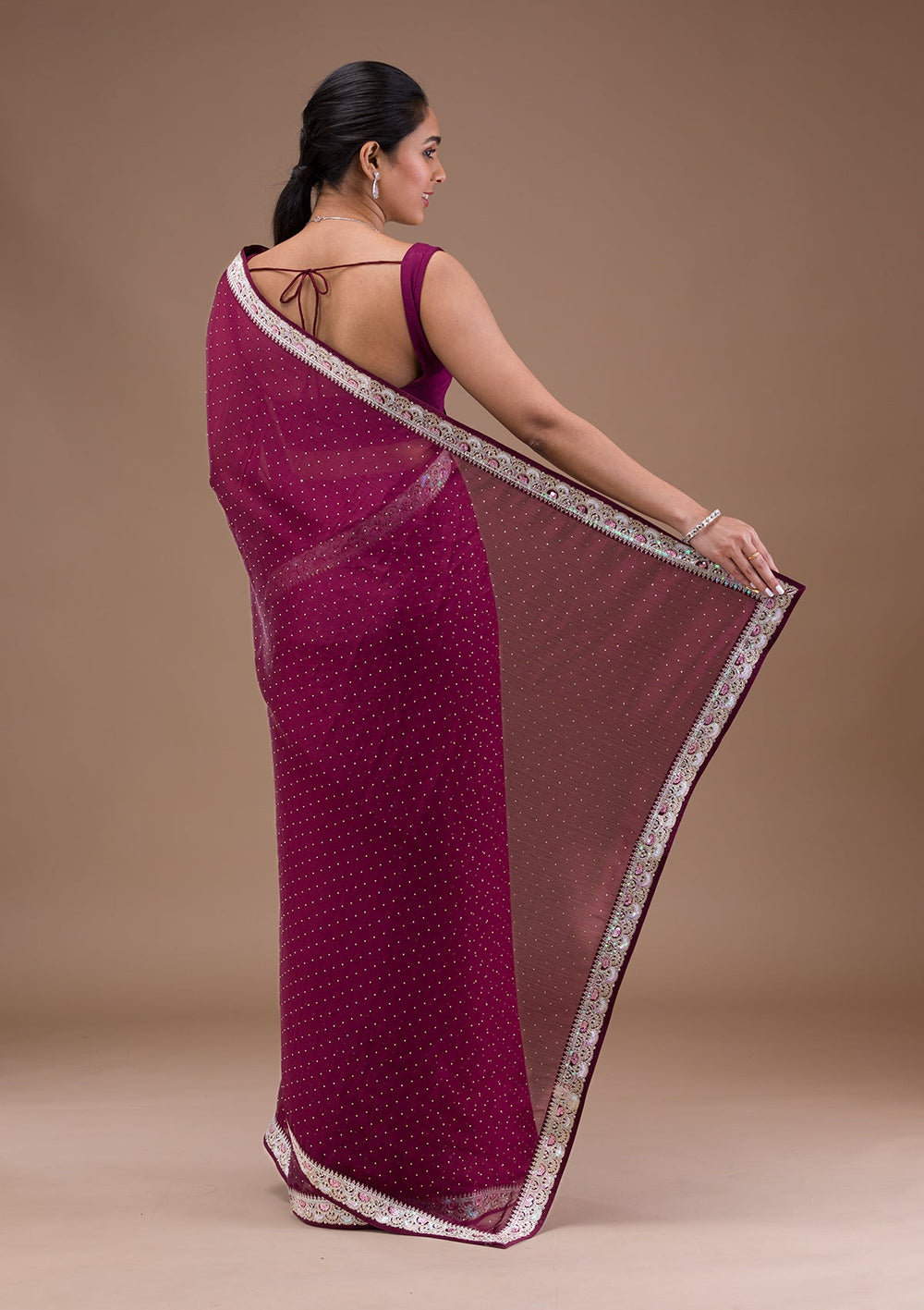 Wine Zariwork Semi Crepe Saree-Koskii