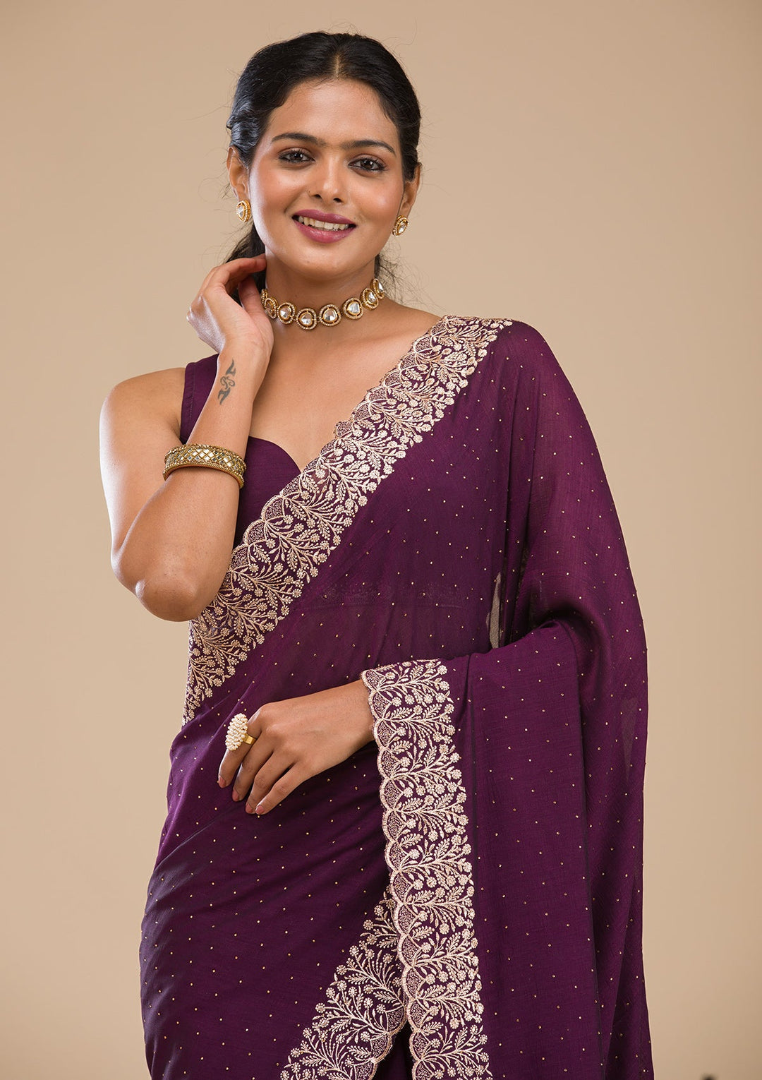Wine Zariwork Soft Silk Saree