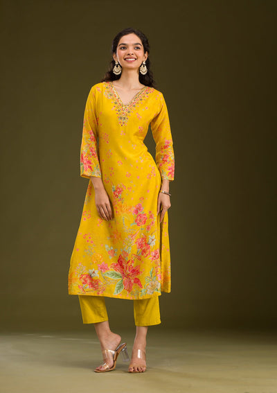 Yellow Cutdana Cotton Readymade Salwar Suit-Koskii