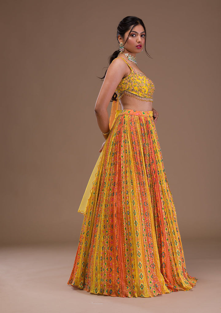 Yellow Cutdana Crepe Readymade Lehenga-Koskii