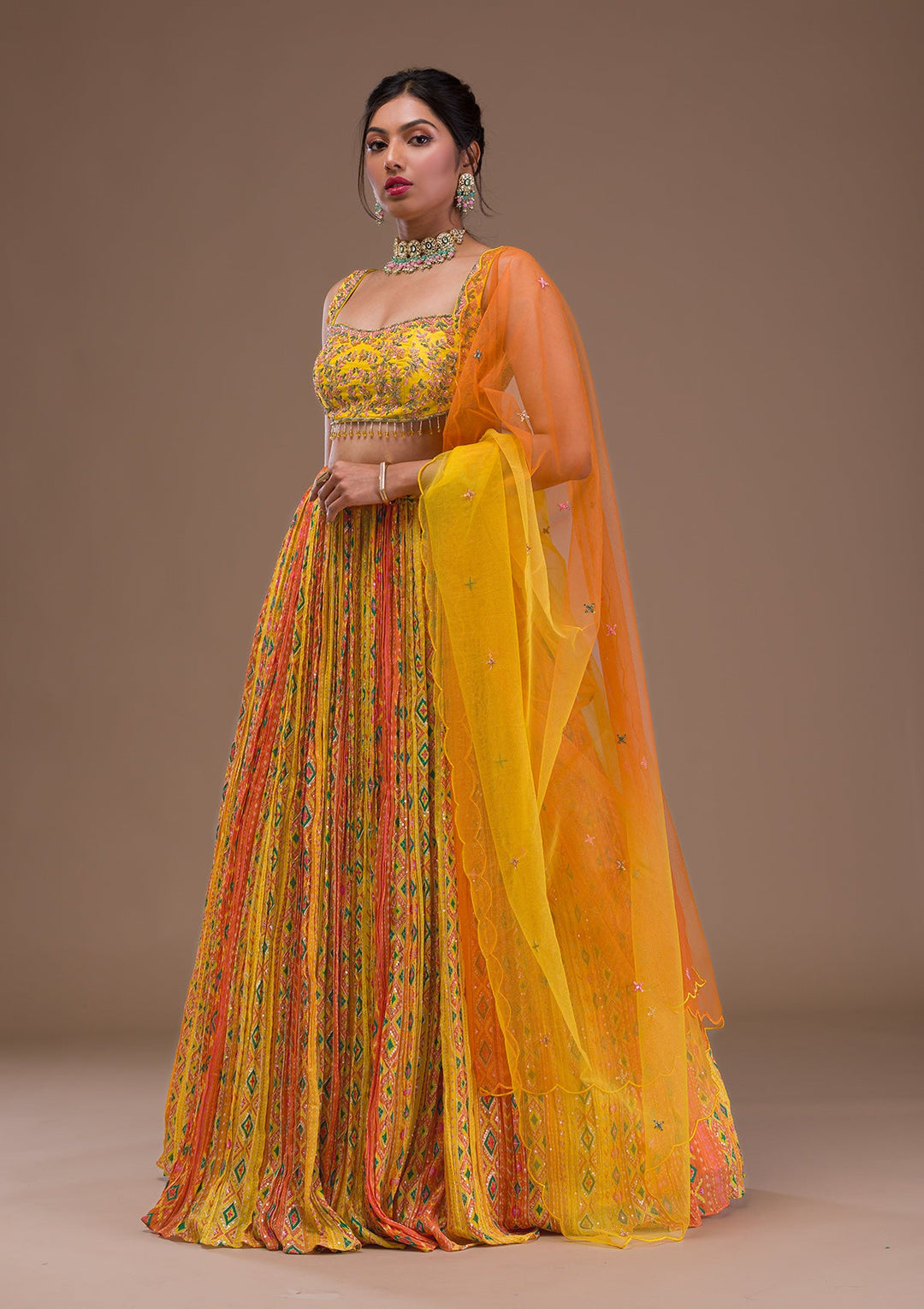 Yellow Cutdana Crepe Readymade Lehenga-Koskii