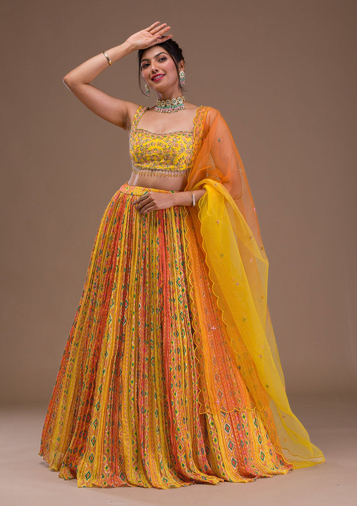 Yellow Cutdana Crepe Readymade Lehenga-Koskii