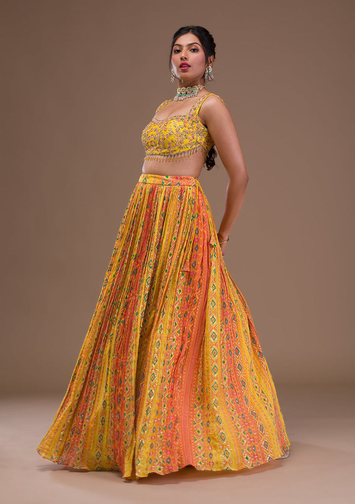Yellow Cutdana Crepe Readymade Lehenga-Koskii