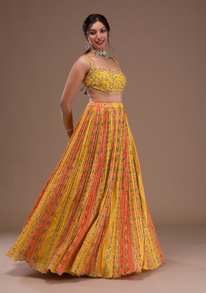 Yellow Cutdana Crepe Readymade Lehenga-Koskii