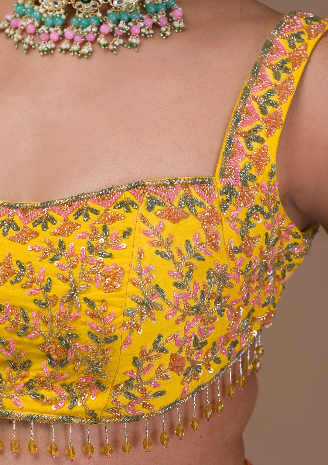 Yellow Cutdana Crepe Readymade Lehenga-Koskii