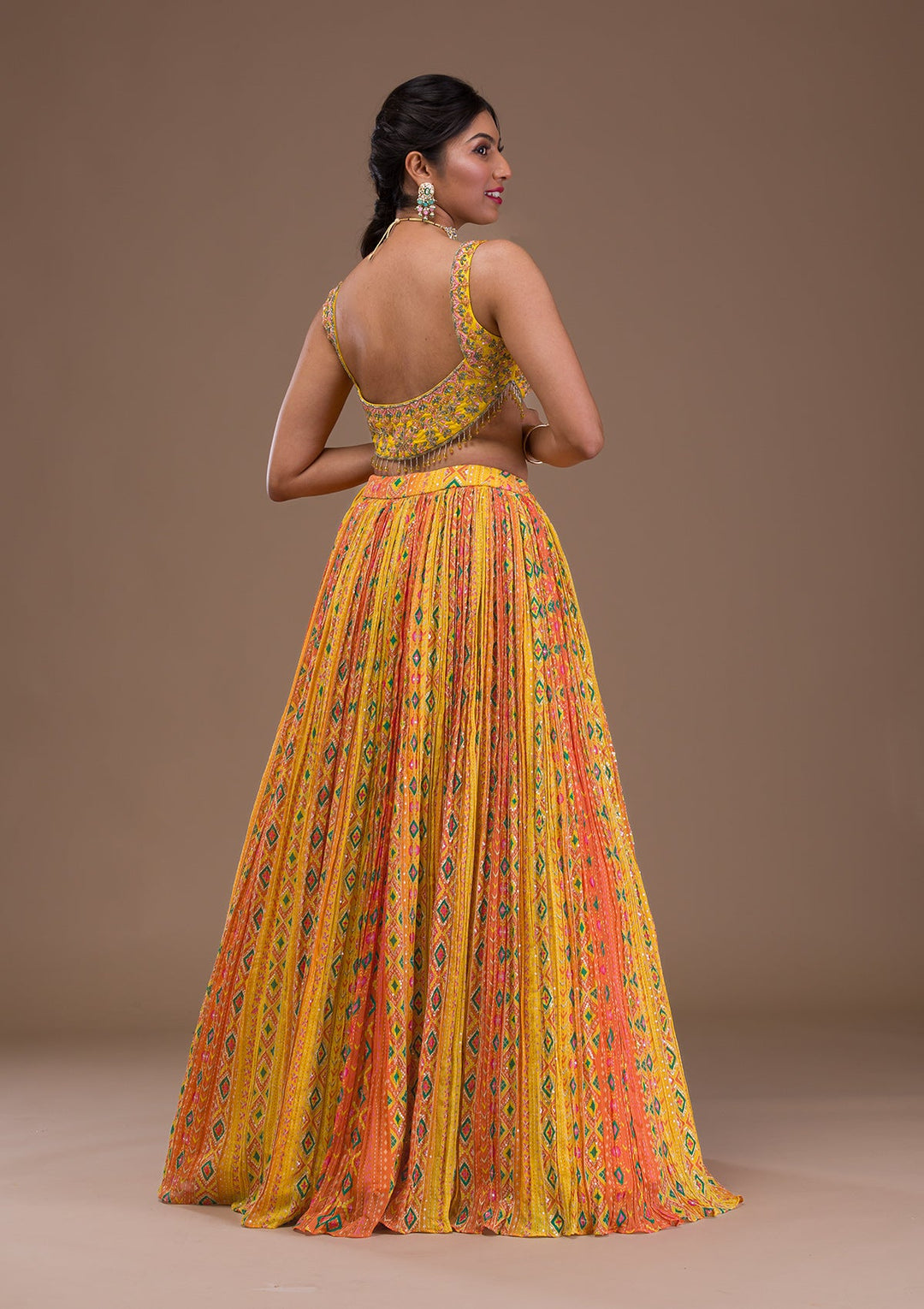 Yellow Cutdana Crepe Readymade Lehenga-Koskii