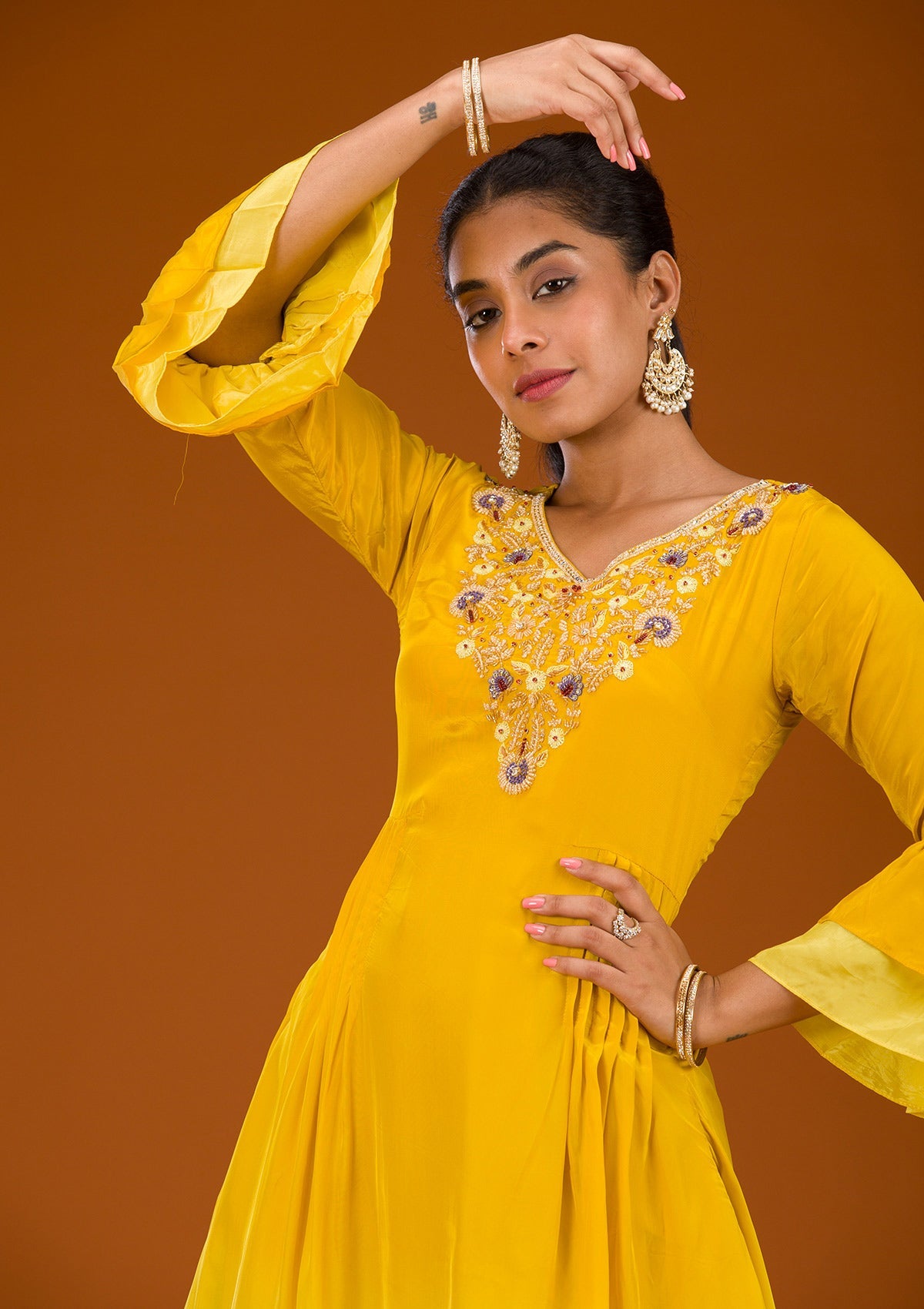 Yellow Cutdana Georgette Readymade Salwar Suit-Koskii