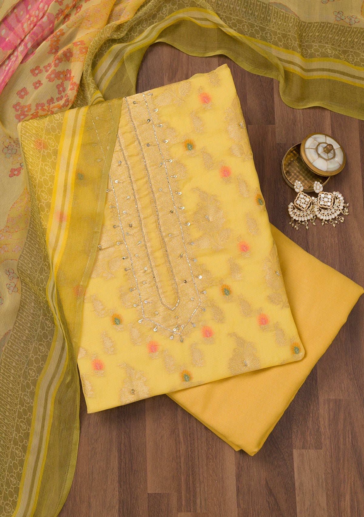 Yellow Cutdana Semi Crepe Unstitched Salwar Suit-Koskii