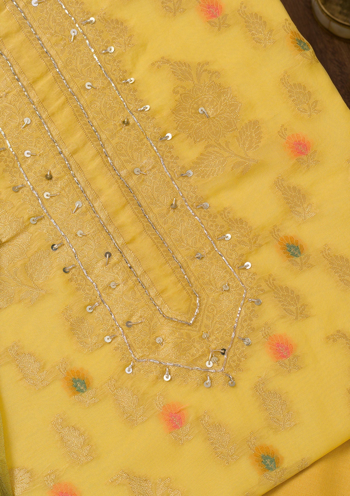 Yellow Cutdana Semi Crepe Unstitched Salwar Suit-Koskii