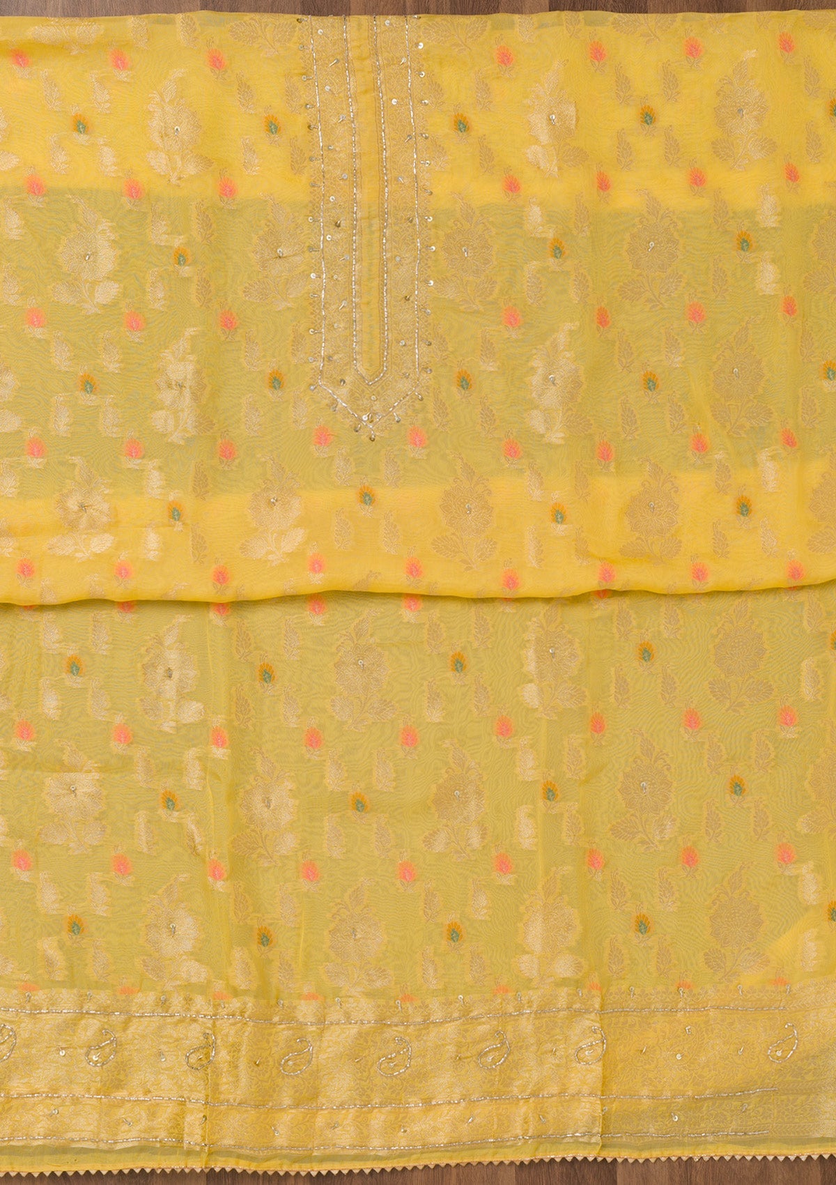 Yellow Cutdana Semi Crepe Unstitched Salwar Suit-Koskii