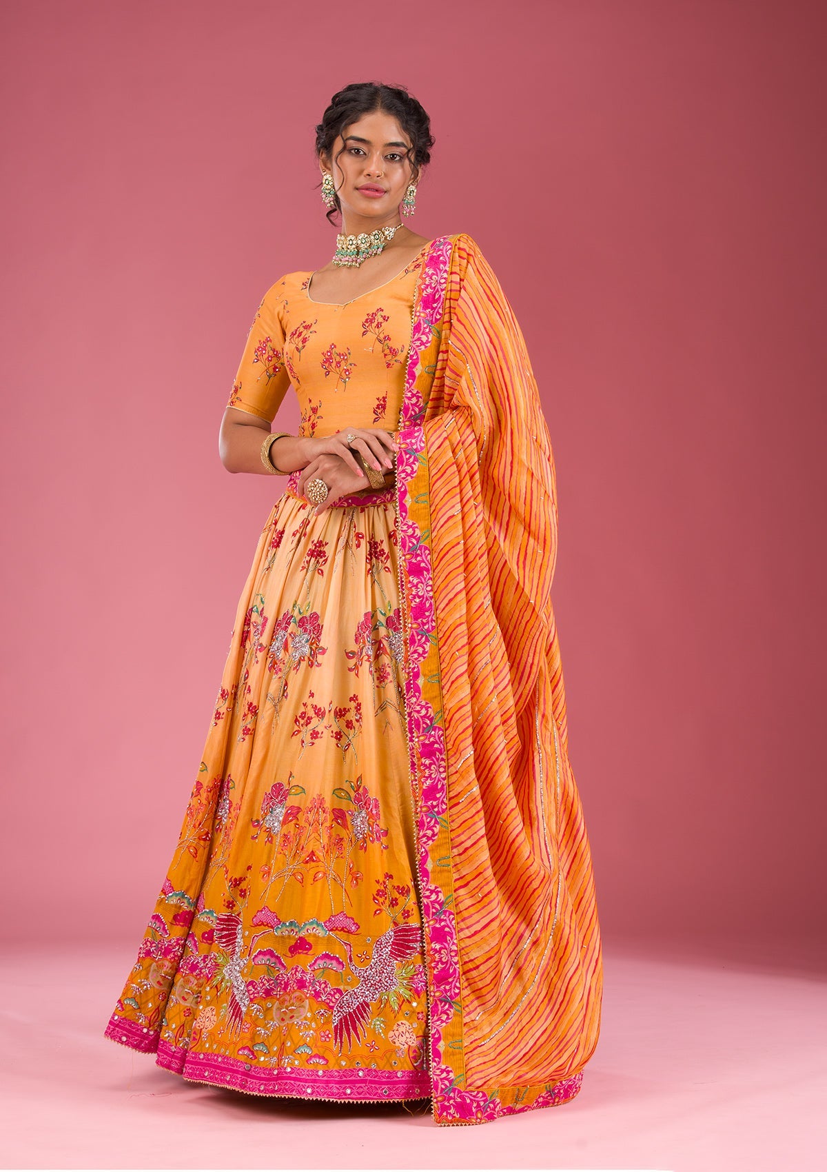 Yellow Cutdana Silk Readymade Lehenga-Koskii