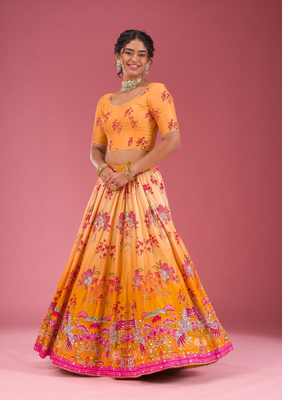 Yellow Cutdana Silk Readymade Lehenga-Koskii