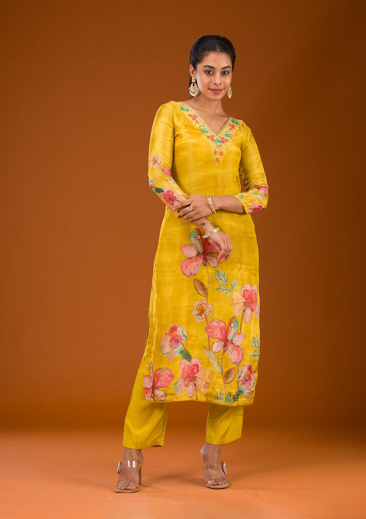 Yellow Cutdana Tissue Readymade Salwar Suit-Koskii