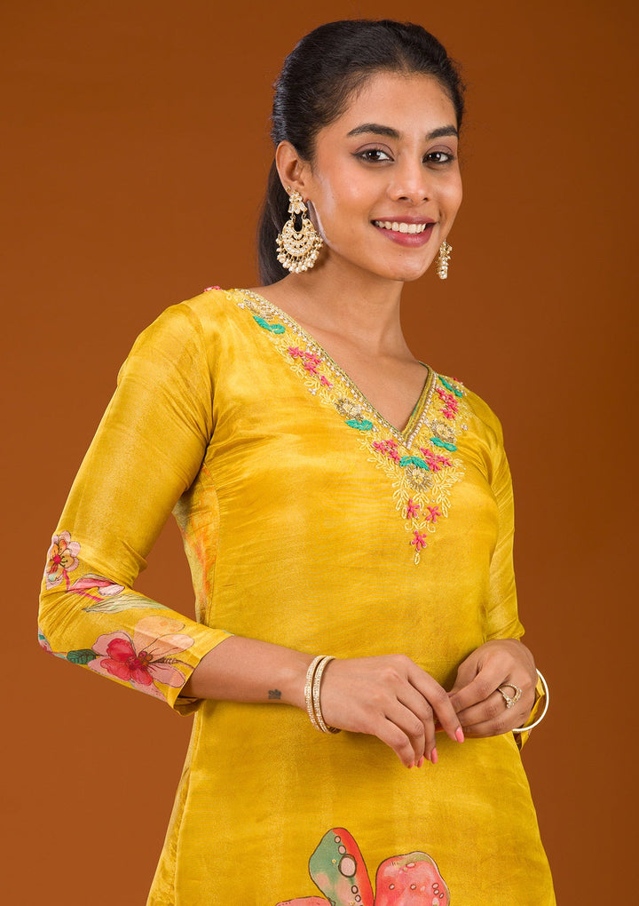 Yellow Cutdana Tissue Readymade Salwar Suit-Koskii