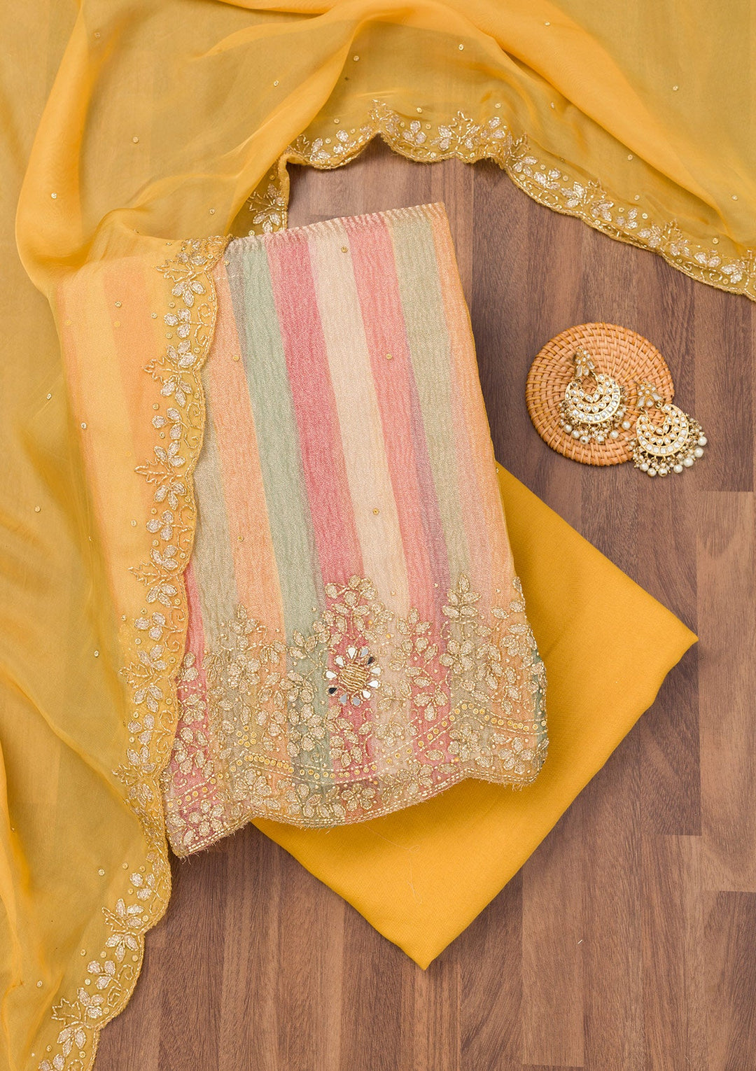 Yellow Cutdana Tissue Unstitched Salwar Suit-Koskii