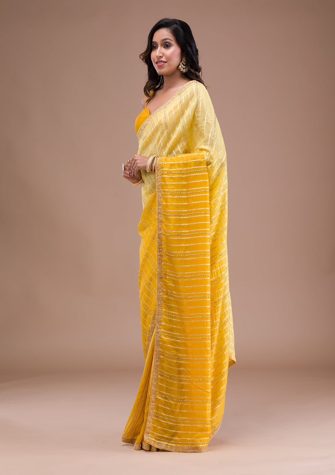 Yellow Cutdana Tissue Saree-Koskii