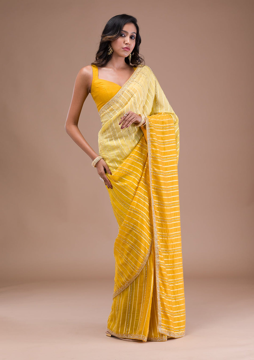 Yellow Cutdana Tissue Saree-Koskii