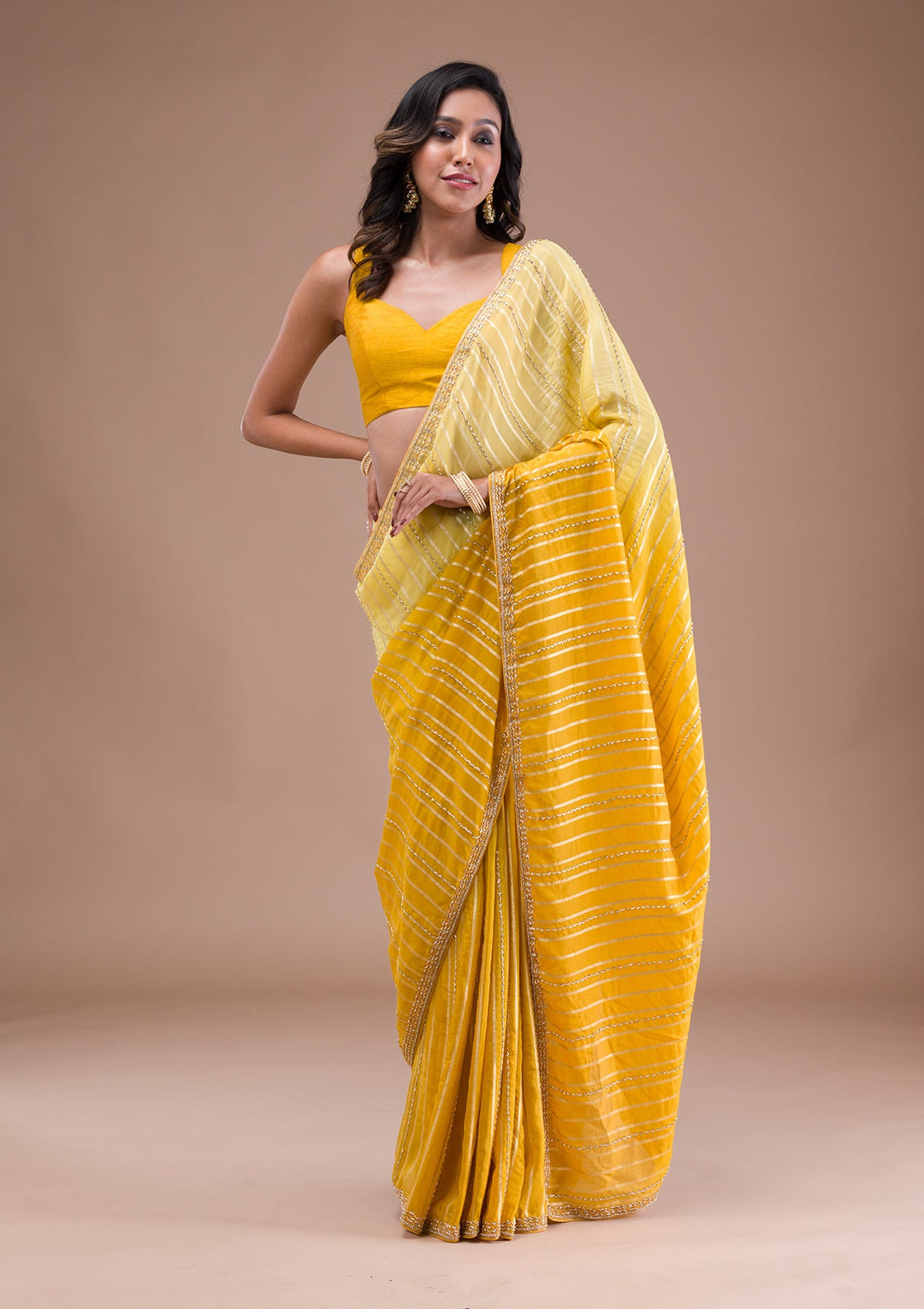 Yellow Cutdana Tissue Saree-Koskii