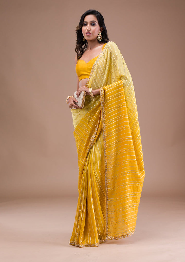 Yellow Cutdana Tissue Saree-Koskii
