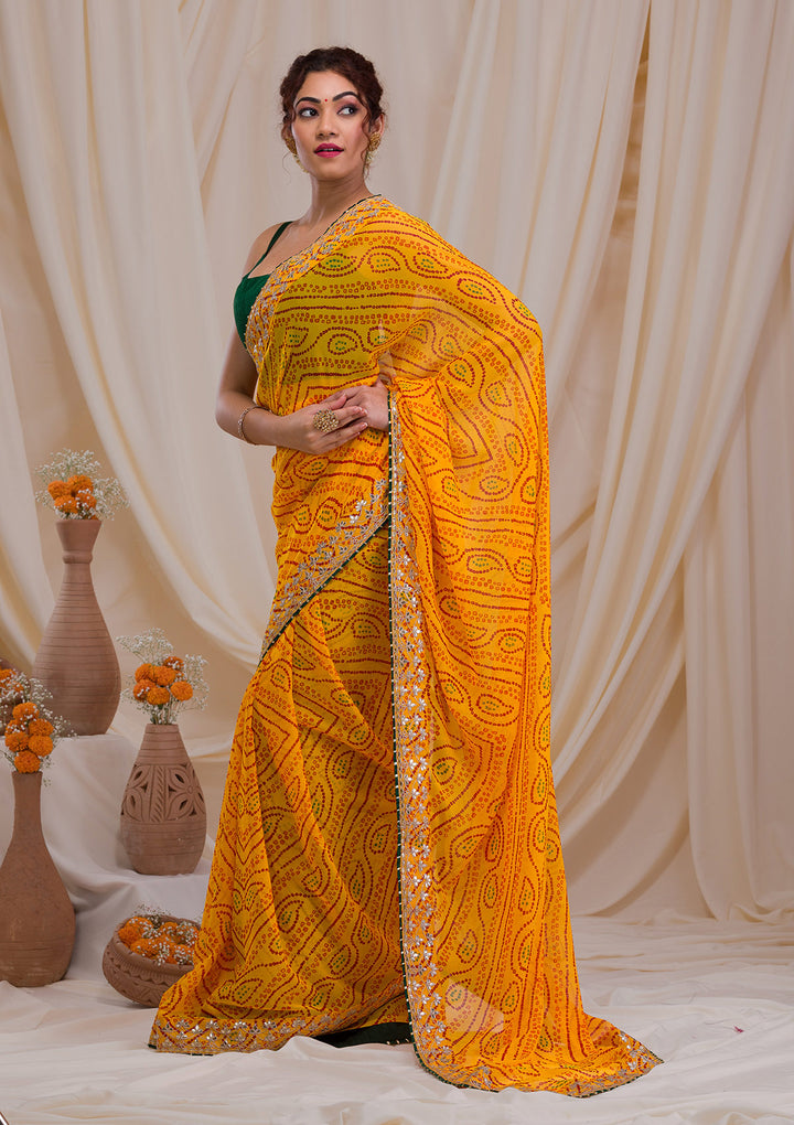Yellow Bandhani Georgette Saree-Koskii