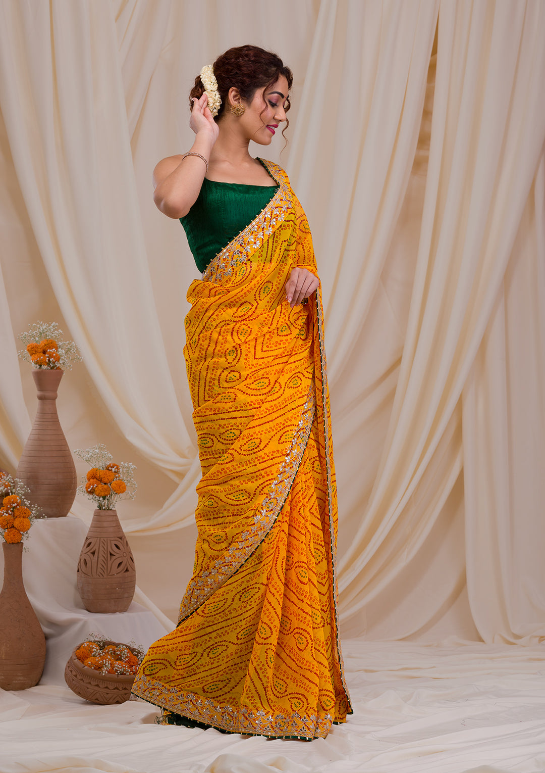 Yellow Bandhani Georgette Saree-Koskii