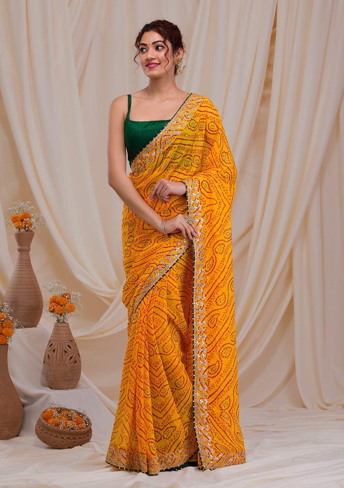 Tulip Yellow and Red Organza Saree with Floral Print – MySilkLove