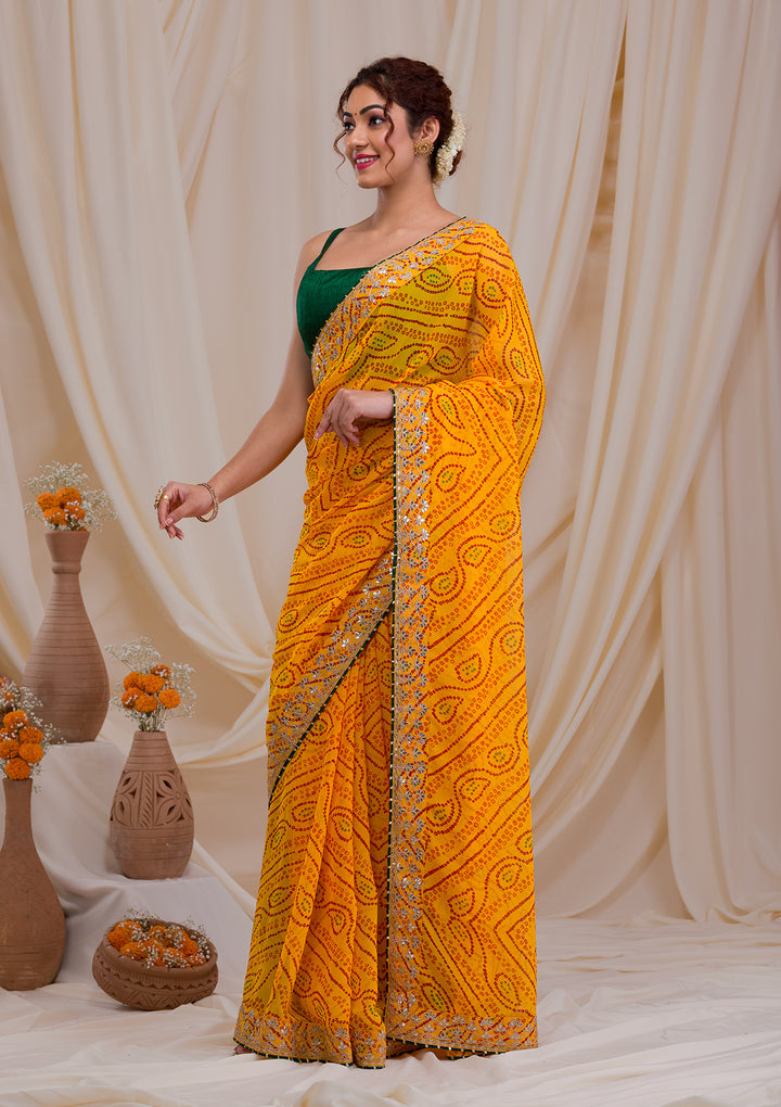 Yellow Bandhani Georgette Saree-Koskii