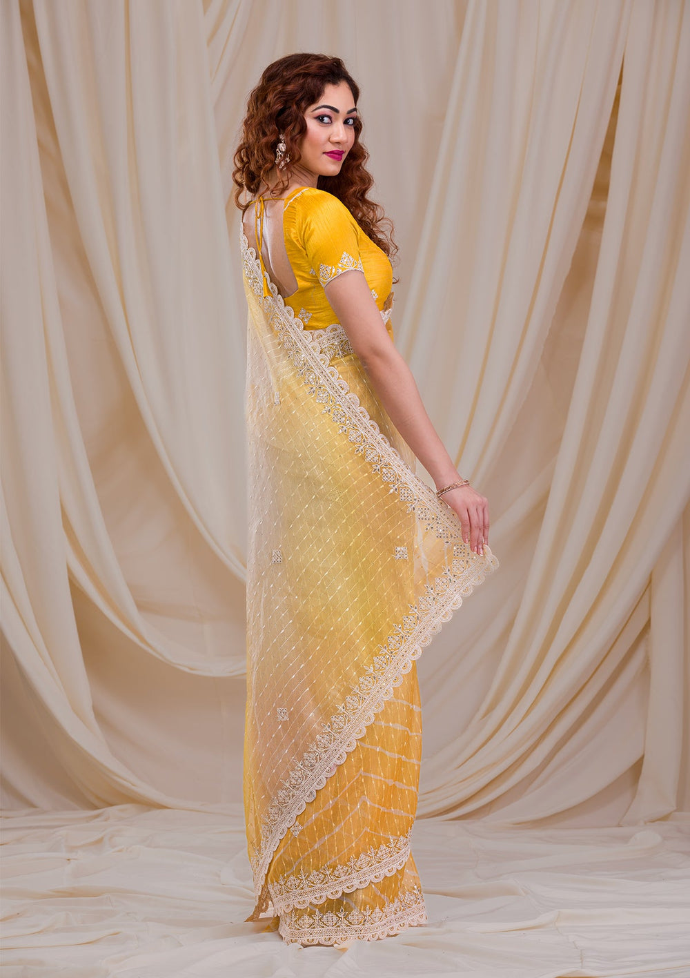 Onion Pink Stonework Satin Designer Saree-Koskii