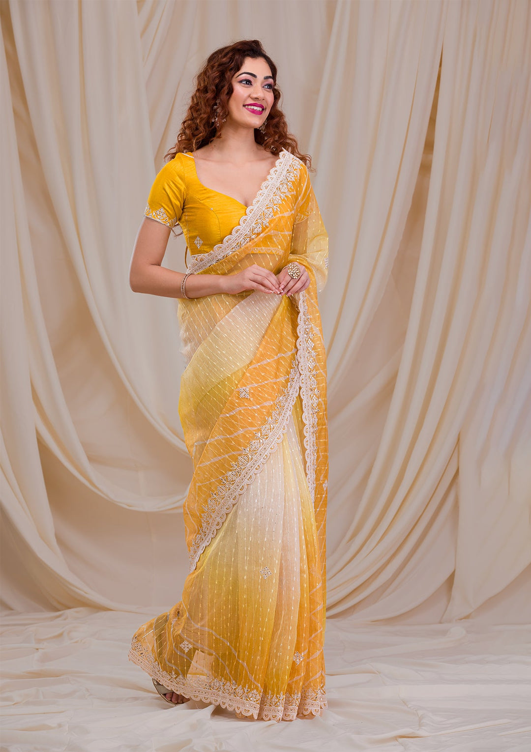 Onion Pink Stonework Satin Designer Saree-Koskii