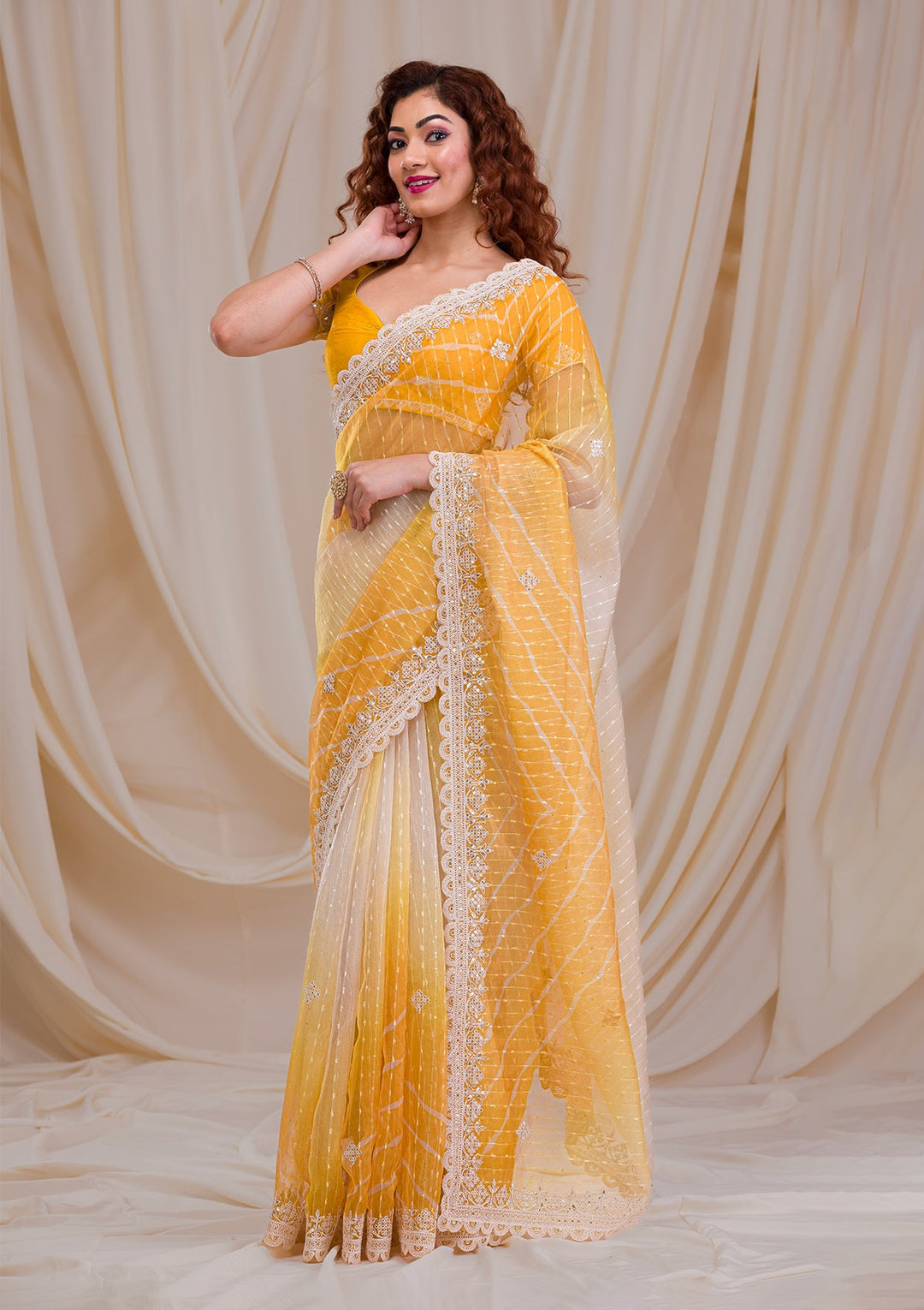 Pista Green Stonework Satin Designer Saree-Koskii