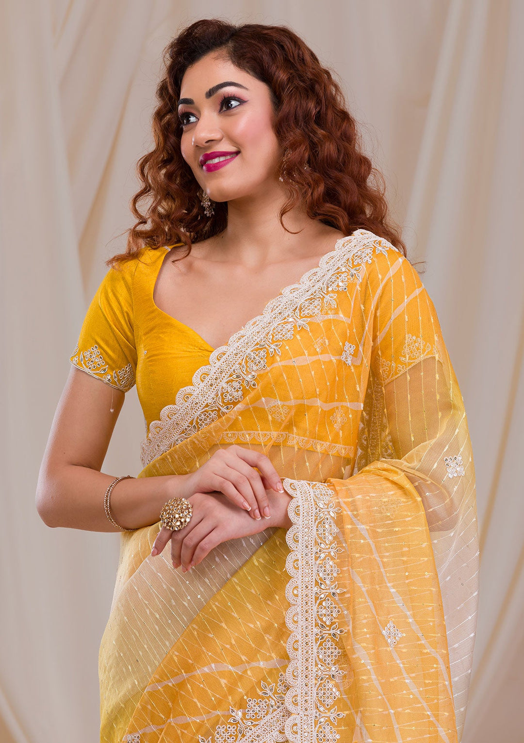 Pista Green Stonework Satin Designer Saree-Koskii