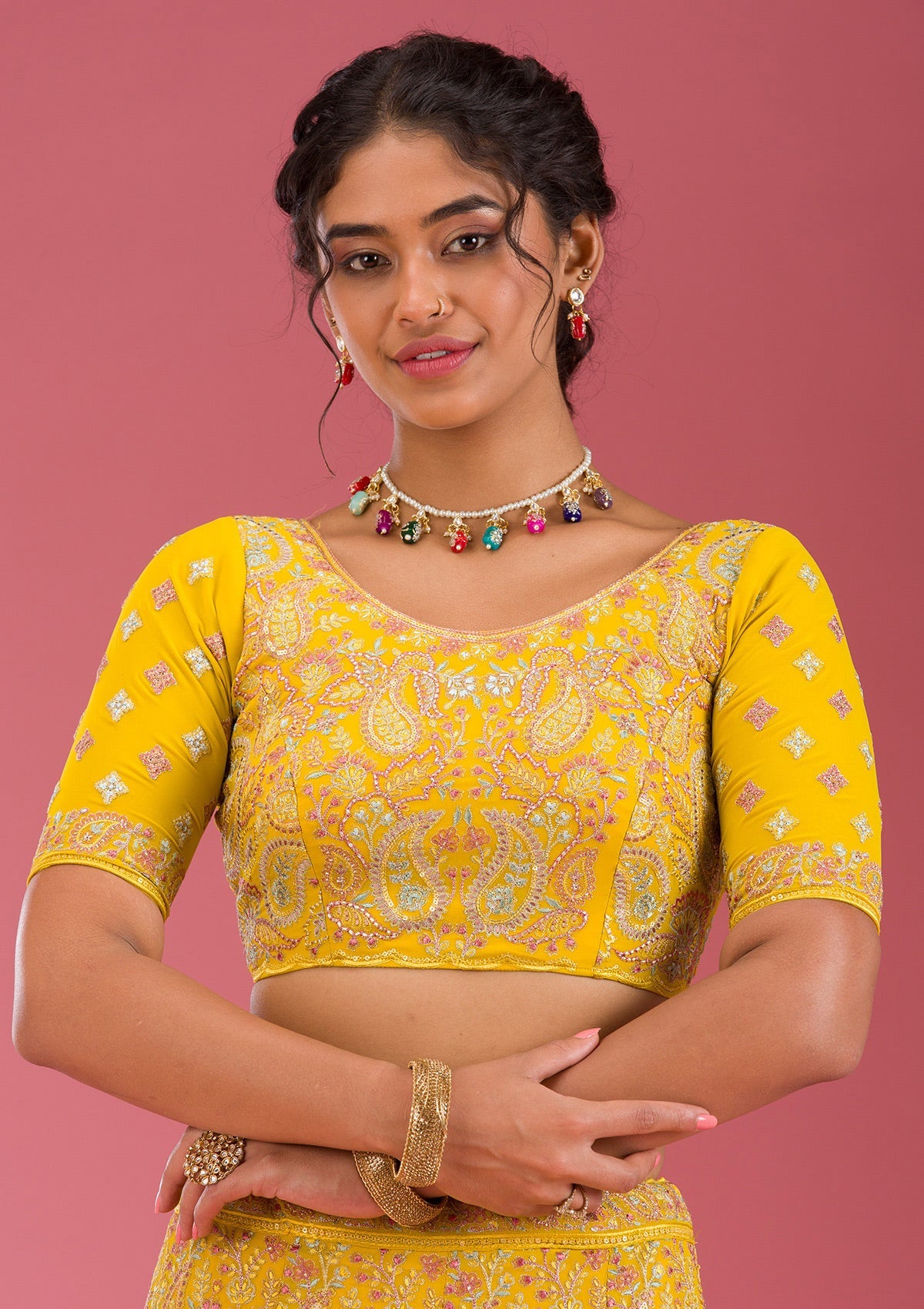 Yellow Kashmiri Georgette Readymade Lehenga-Koskii