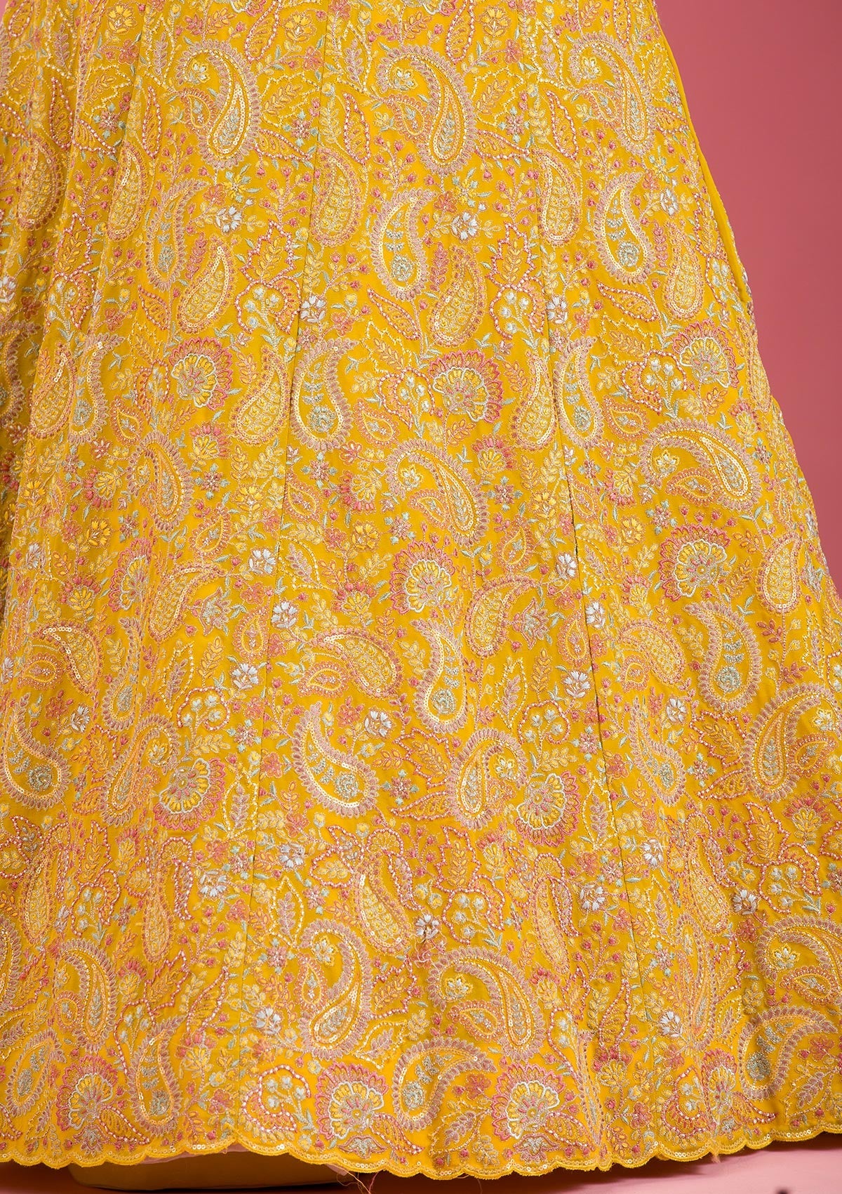 Yellow Kashmiri Georgette Readymade Lehenga-Koskii