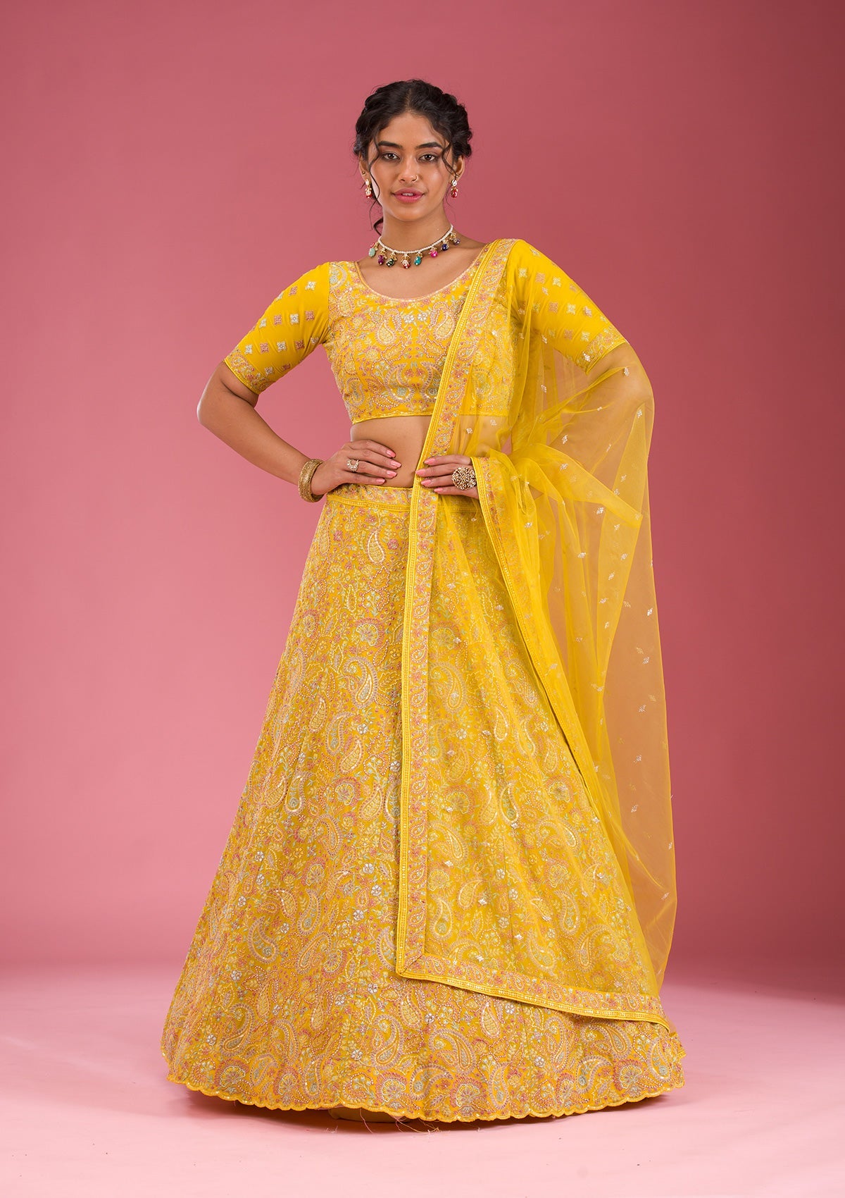 Yellow Kashmiri Georgette Readymade Lehenga-Koskii