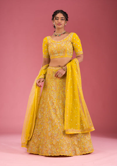 Yellow Kashmiri Georgette Readymade Lehenga-Koskii