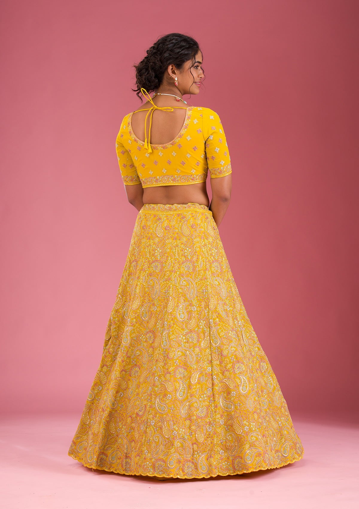 Yellow Kashmiri Georgette Readymade Lehenga-Koskii