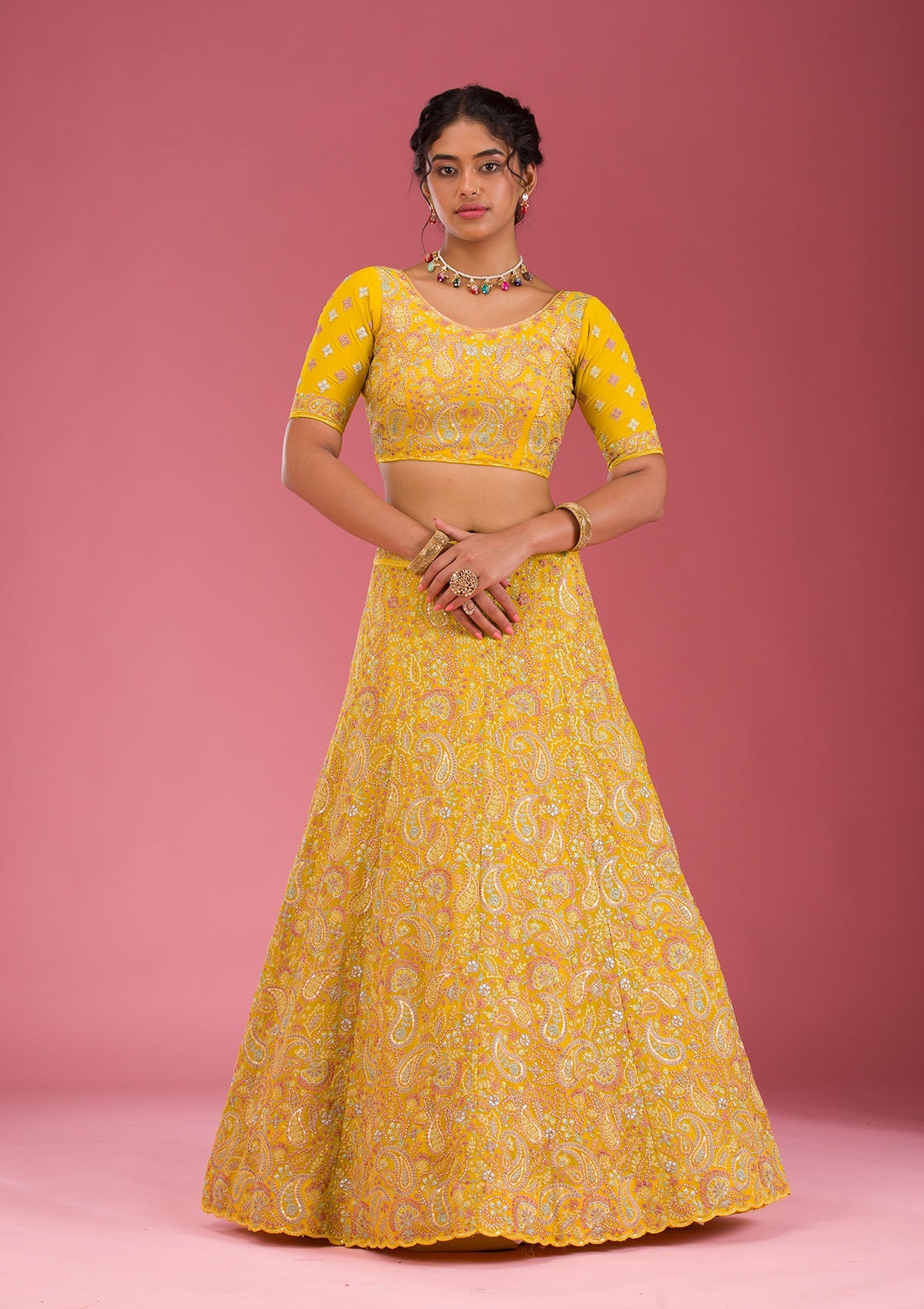 Yellow Kashmiri Georgette Readymade Lehenga-Koskii