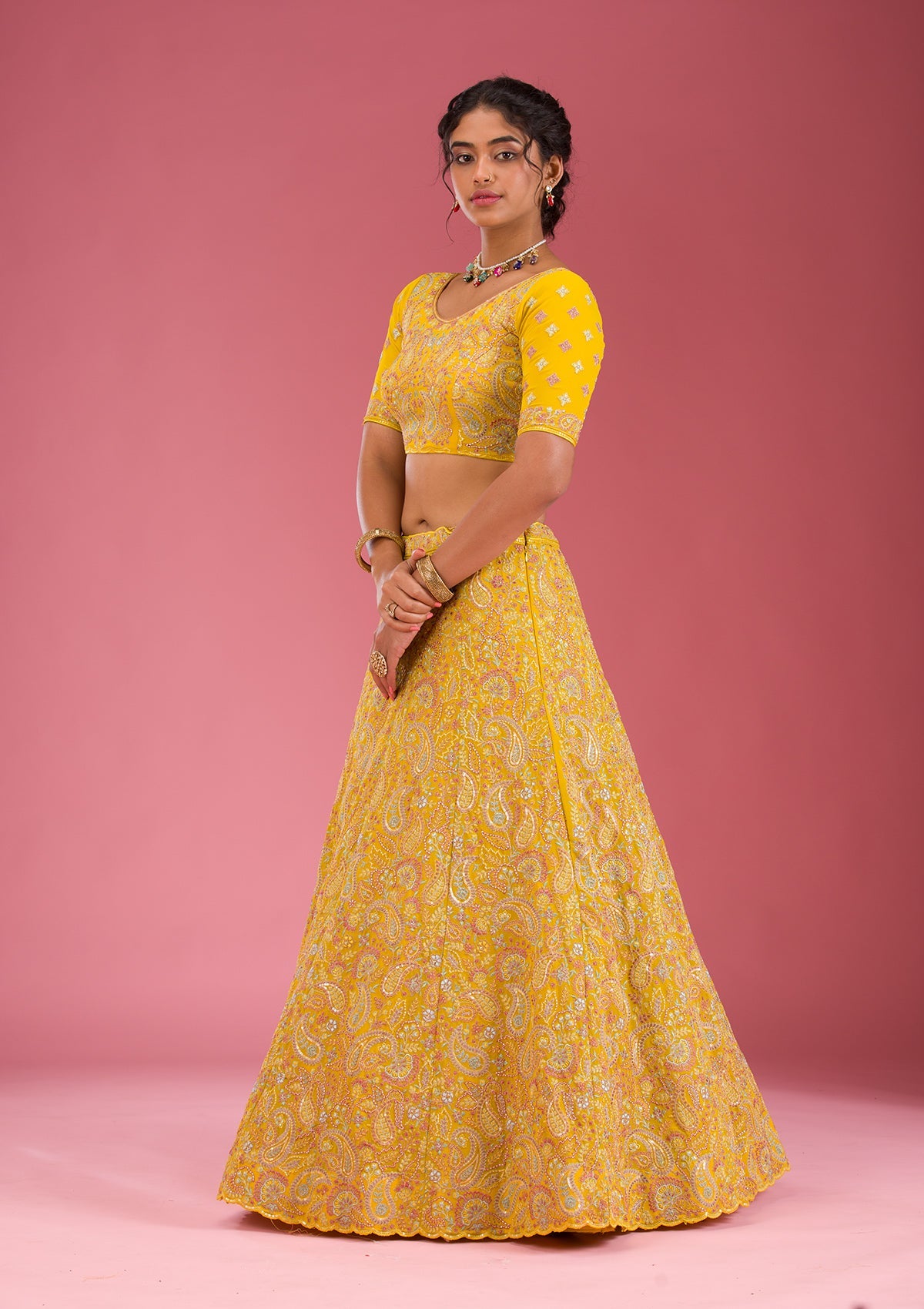 Yellow Kashmiri Georgette Readymade Lehenga-Koskii