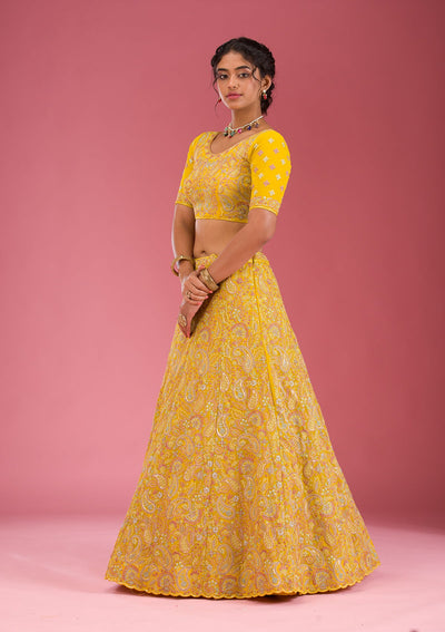 Yellow Kashmiri Georgette Readymade Lehenga-Koskii