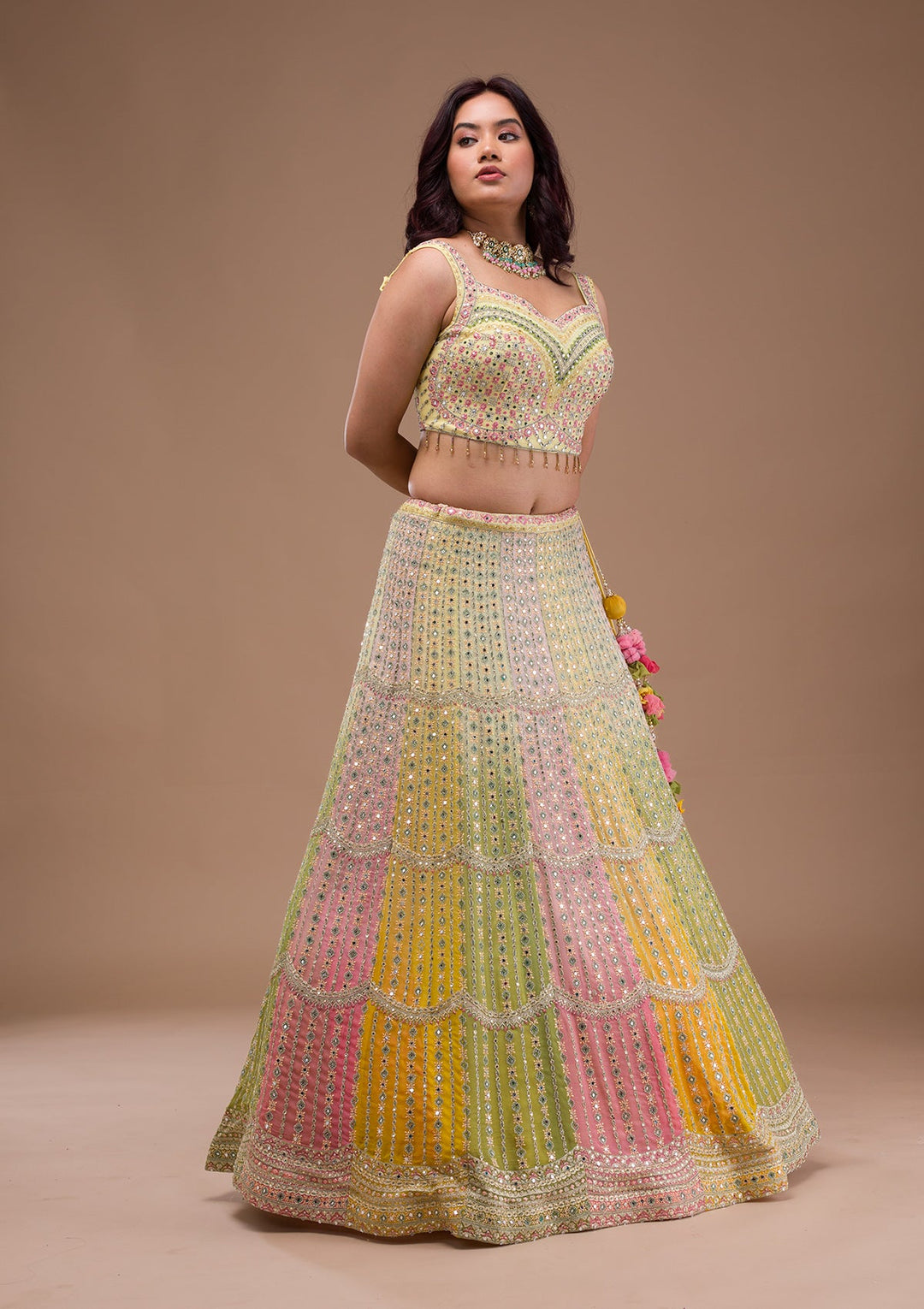 Yellow Mirrorwork Georgette Readymade Lehenga-Koskii