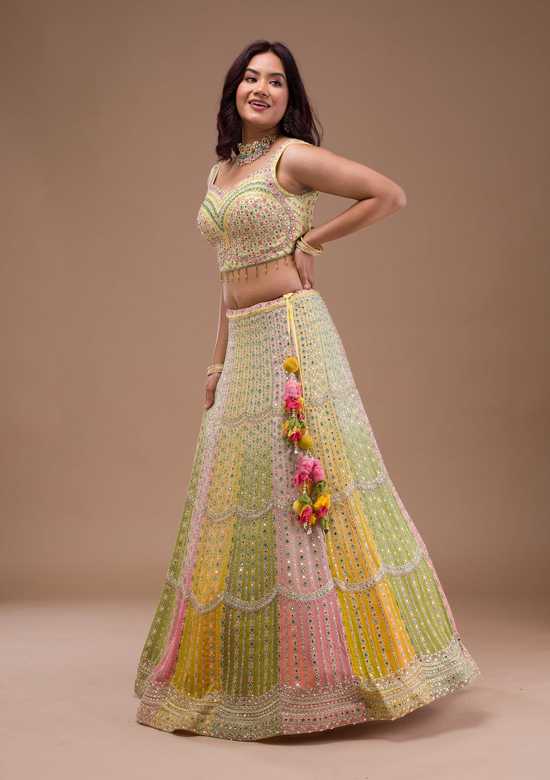 Yellow Mirrorwork Georgette Readymade Lehenga-Koskii