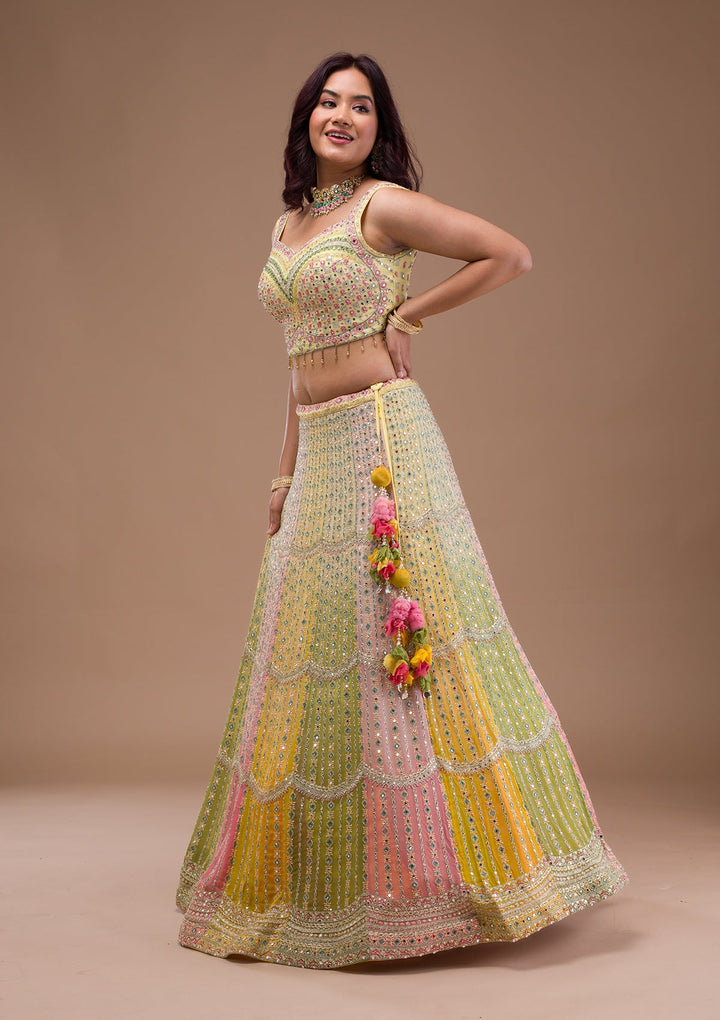 Yellow Mirrorwork Georgette Readymade Lehenga-Koskii