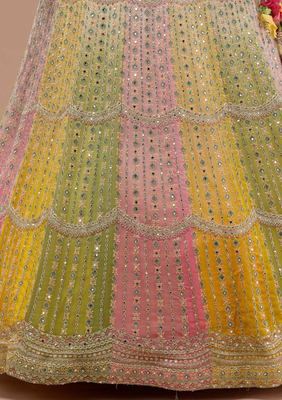 Yellow Mirrorwork Georgette Readymade Lehenga-Koskii