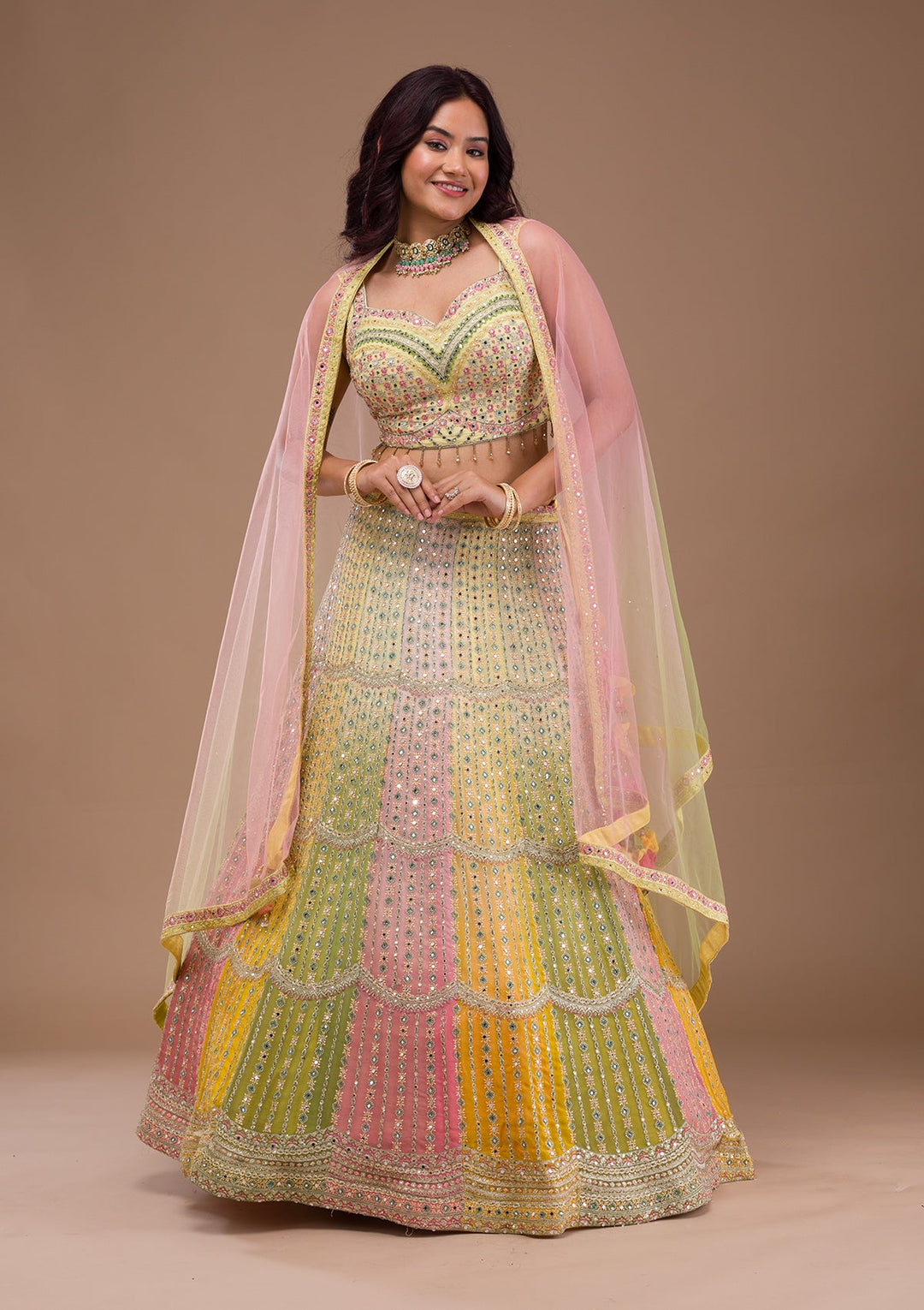 Yellow Mirrorwork Georgette Readymade Lehenga-Koskii